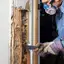 Termite control technician inspecting damaged wood and treating a wall for termites in {city}, {state}